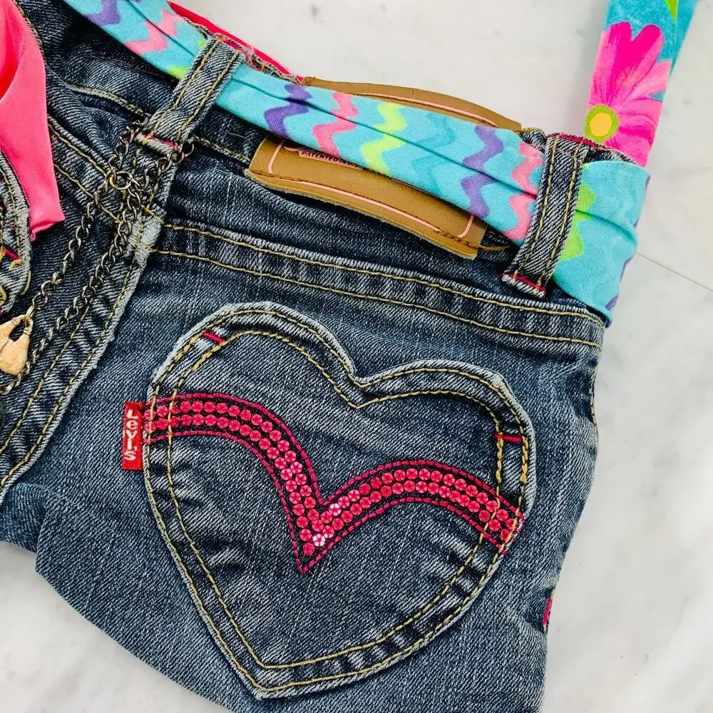 LEVI'S Denim Purse Floral Embroidered Heart Pockets Belt Charms Jean Bag EUC